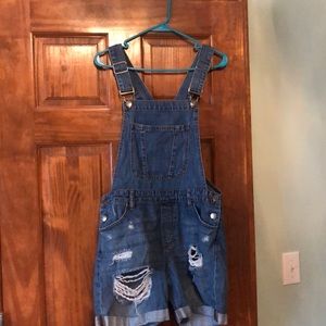 Distressed overall shorts